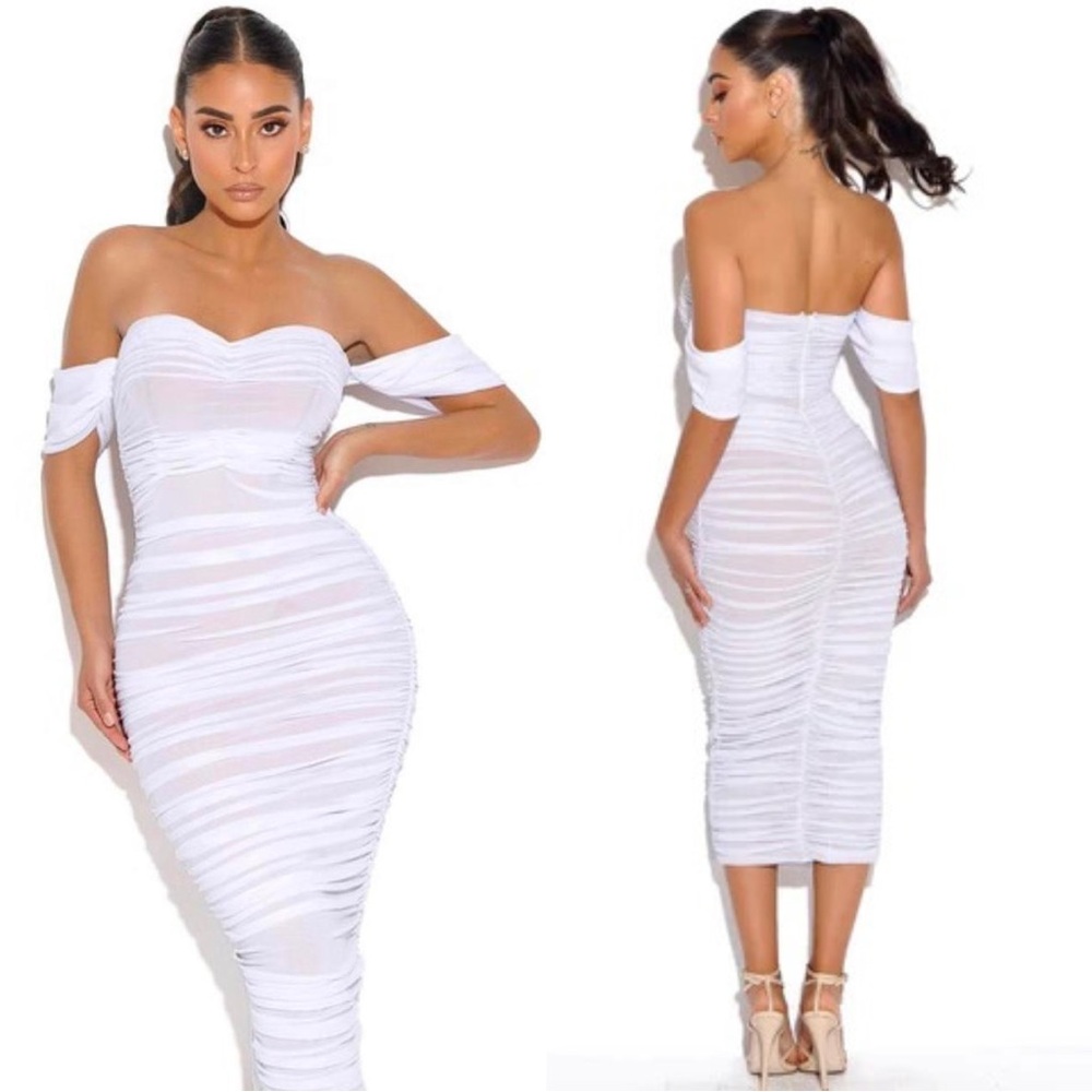 Miss Circle Quenby White Ruched Off the Shoulder Midi Dress XL